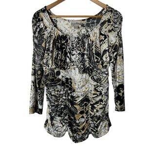Joseph Ribkoff Top Size 10 Abstract Print Black‎ White Gold Ruched Long Sleeve